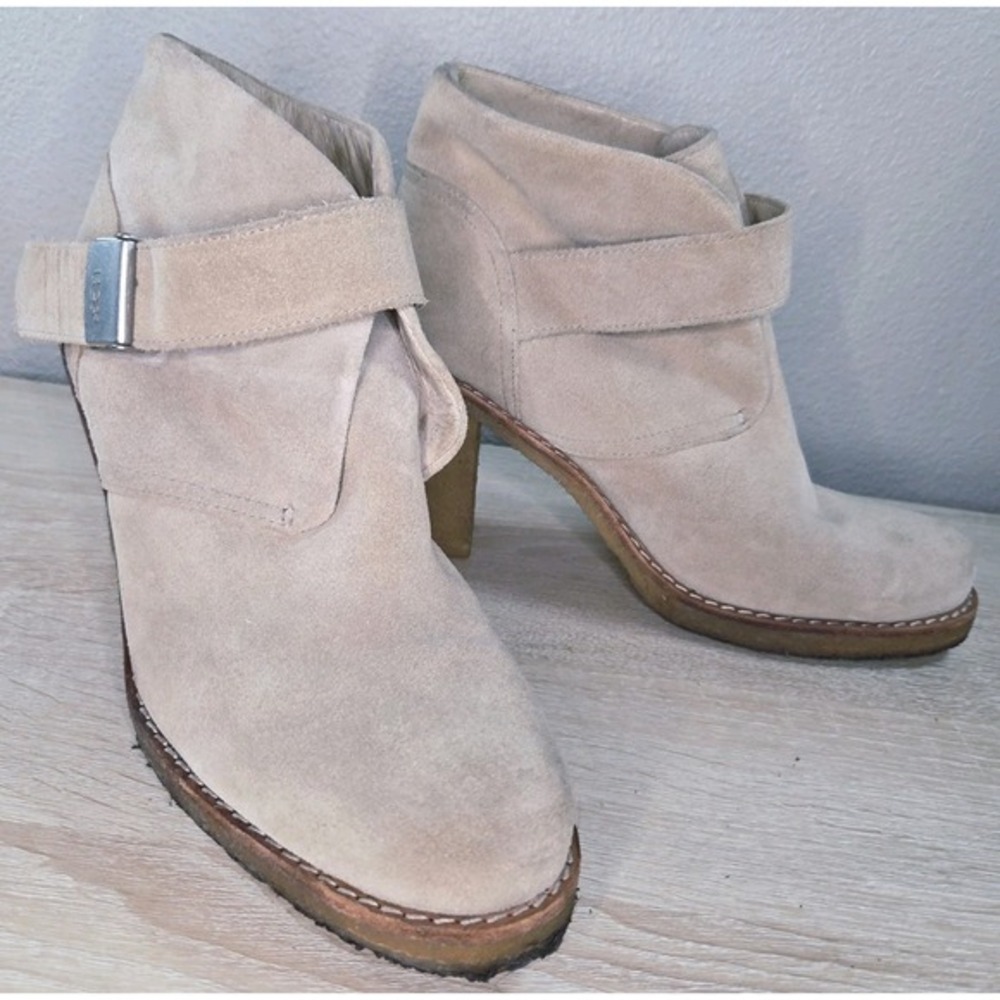 UGG Brienne Suede Shearling Ankle Boots Strap Heel Beige‎ 7.5
